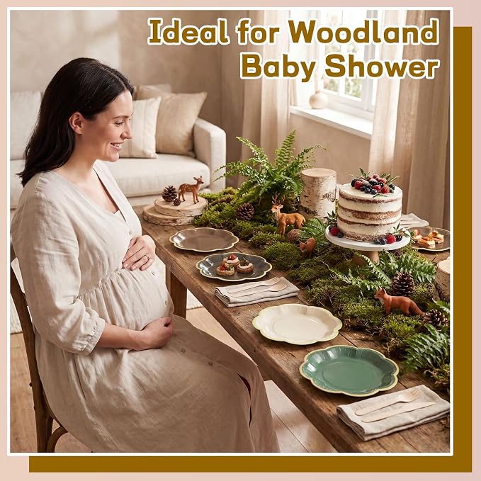 60 Pcs Woodland Baby Shower Party Plates 7 Inch Brown and Green Plates | Forest - Image 5