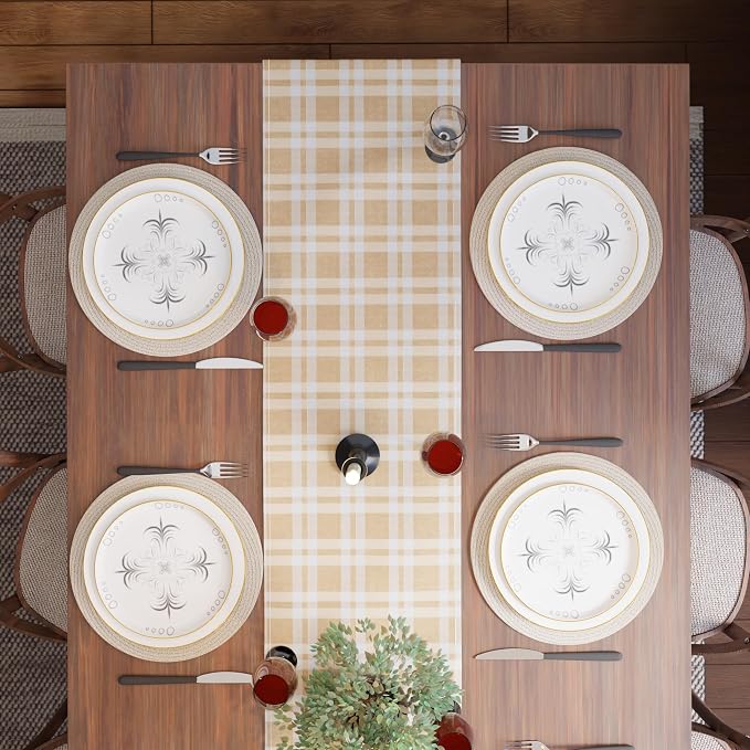 Encasa XO Table Runner, Woven Cotton Dining Runner 13"x120" Franca Beige Checks - Image 6