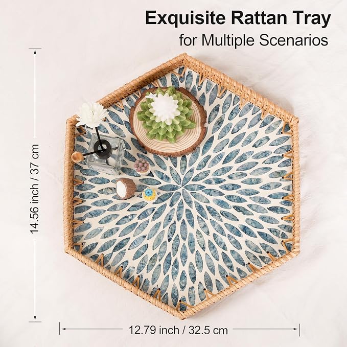 Hexagon Rattan Tray with Mother of Pearl Inlay, Rattan Serving Tray - Image 9