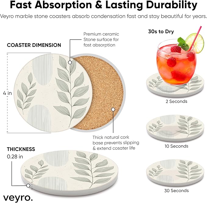 VEYRO Ceramic Coasters Set of 6 – Absorbent Stone Drink Coasters - Image 5