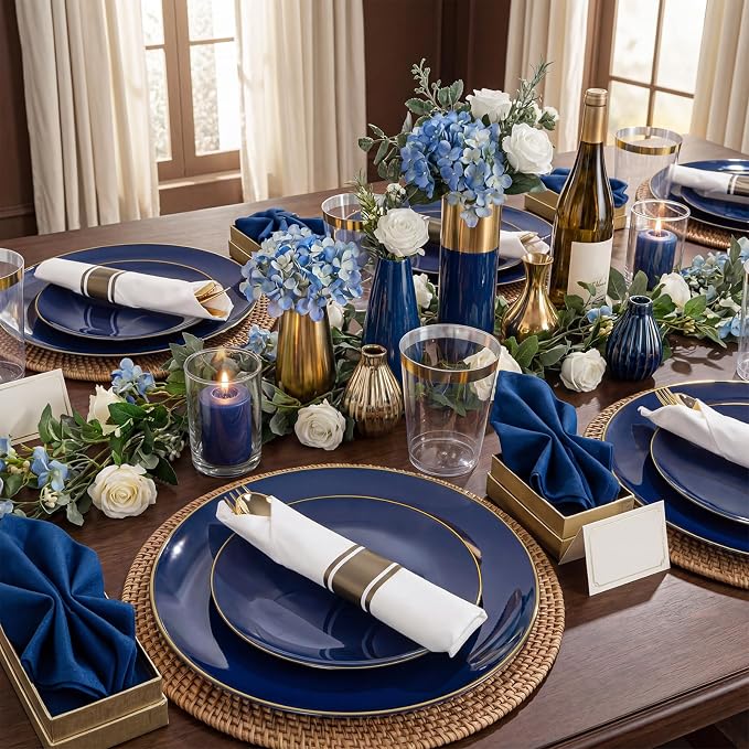 KIRE 350Pcs Blue and Gold Plates -Heavy Duty Navy Blue Dinnerware Set - Image 8