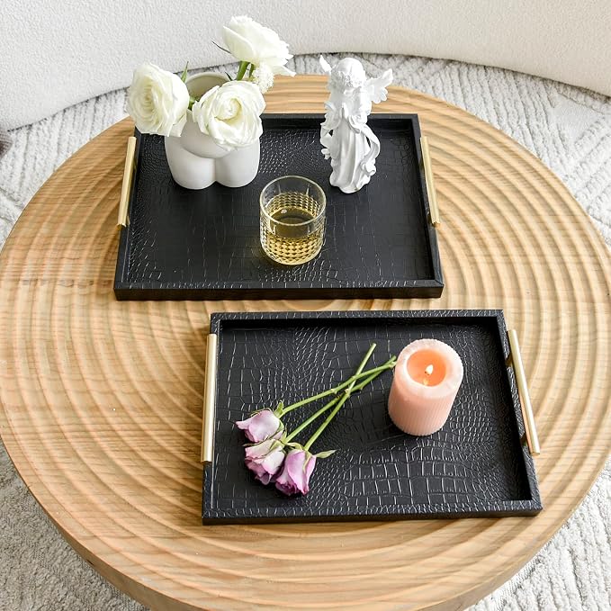 Set of 2 Modern Elegant Large Wood Serving Tray, Rectangle Decorative Tray - Image 8