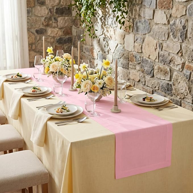 Solino Home 100% Pure Linen Table Runner Pink, Fete 14 x 132 Inch Long | Table - Image 4