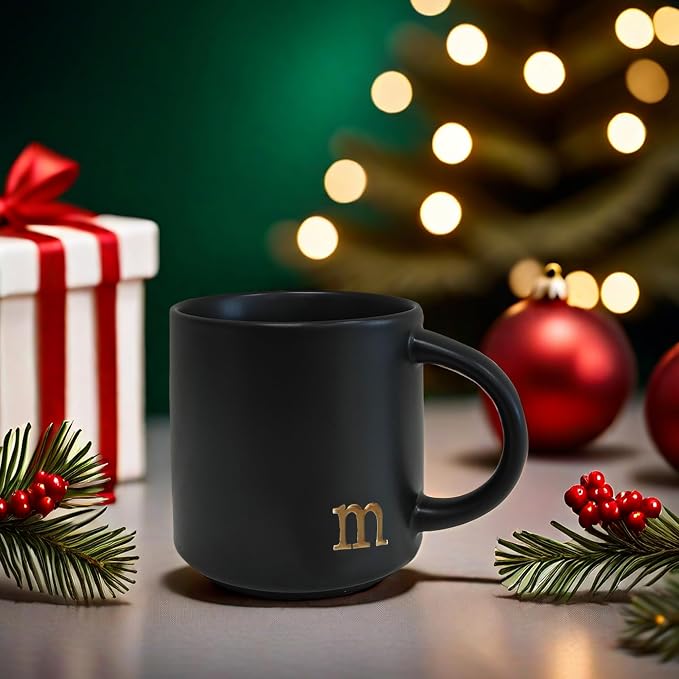 COLLECTIVE HOME Black Ceramic Coffee Mug, 15 oz Golden Monogram Tea Cup | - Image 4