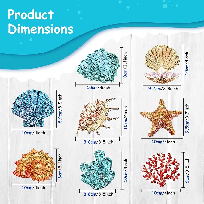 8 pcs Diamond Painting Coasters | Diamond Art Coasters | Sea Shells Diamond Art - Image 2