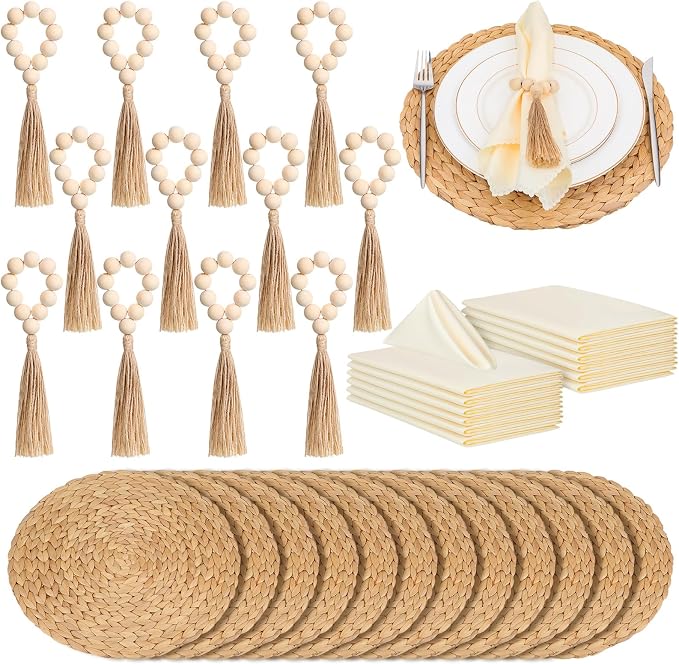 Gejoy 36 Pcs Boho Woven Placemats Wood Bead Napkin Rings by Gejoy