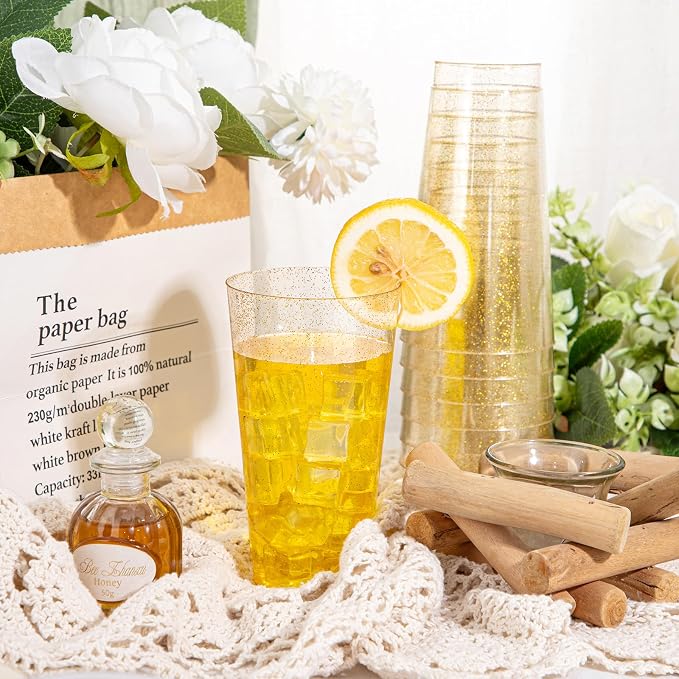 I00000 16 oz Gold Plastic Cups, 50 Pack Gold Glitter Plastic Cups Tumblers - Image 5