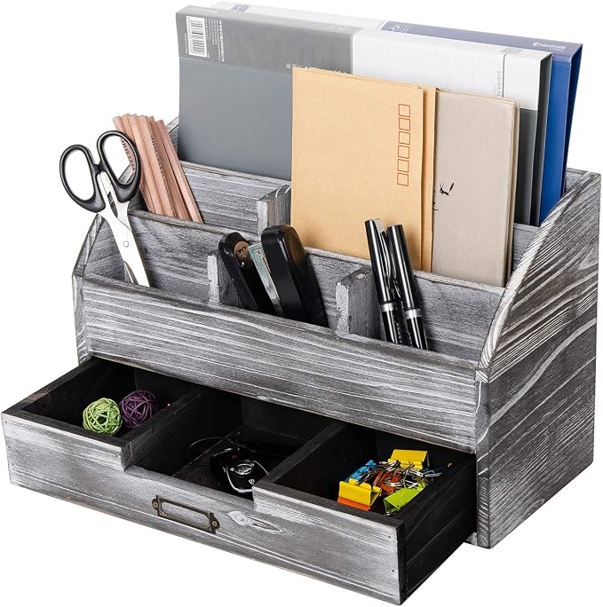 canwedance Distressed Rustic Wooden Office Desk Organizer 5 Compartment - Image 4