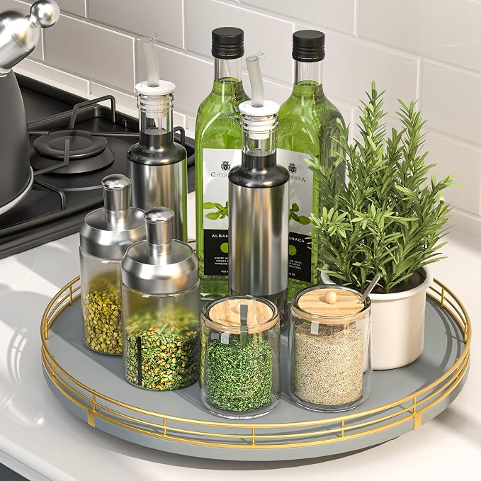 Oroyutor 13-Inch Gray Wooden Lazy Susan Spice Organizer by Oroyutor