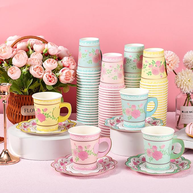 FillTouch 100 Sets Floral Paper Tea Cups and Saucers Disposable Paper Tea Party - Image 3