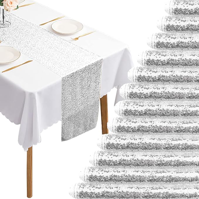 12 Packs 12 X 72 Inch Silver Sequin Table Runner Glitter Dining Table Runner by Fivenl