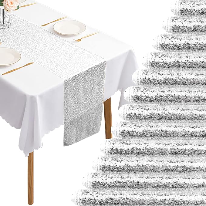 12 Packs 12 X 108 Inch Silver Sequin Table Runner Glitter Dining Table Runner by Fivenl