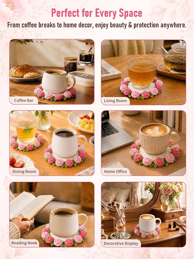 Crochet Flower Bouquet Coasters, Cotton Rose Gifts - Image 8