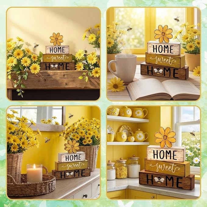 Cinnvoice 4 Pcs Yellow Bee Daisy Wooden Block Decor Farmhouse Tiered Tray Signs - Image 4