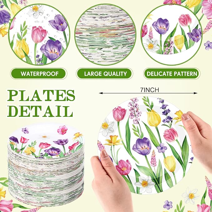 120 Pcs Spring Floral Paper Plate 7 Inch Floral Party Plate Tulip Paper Plates - Image 2