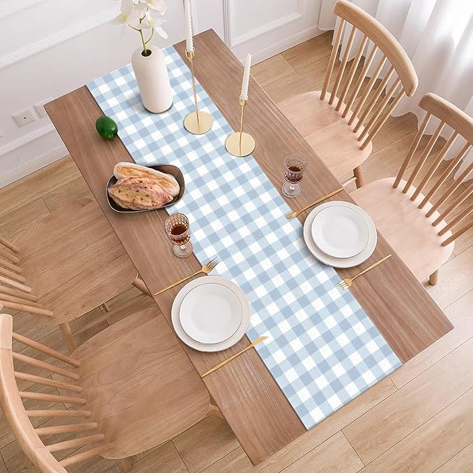 Dusty Blue Gingham Table Runner Light Blue Checkered Boy Girl Baby Shower - Image 3
