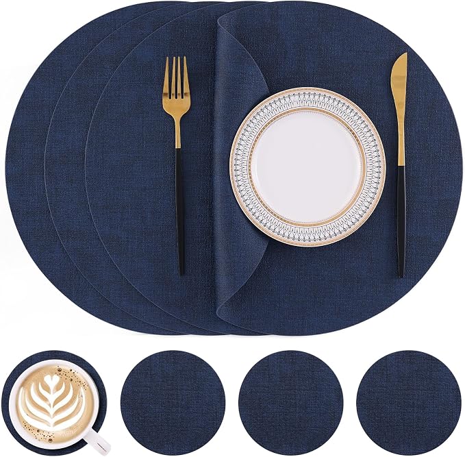 Homaxy Round Faux Leather Placemats and Coasters, Wipeable Place Mats, by Homaxy