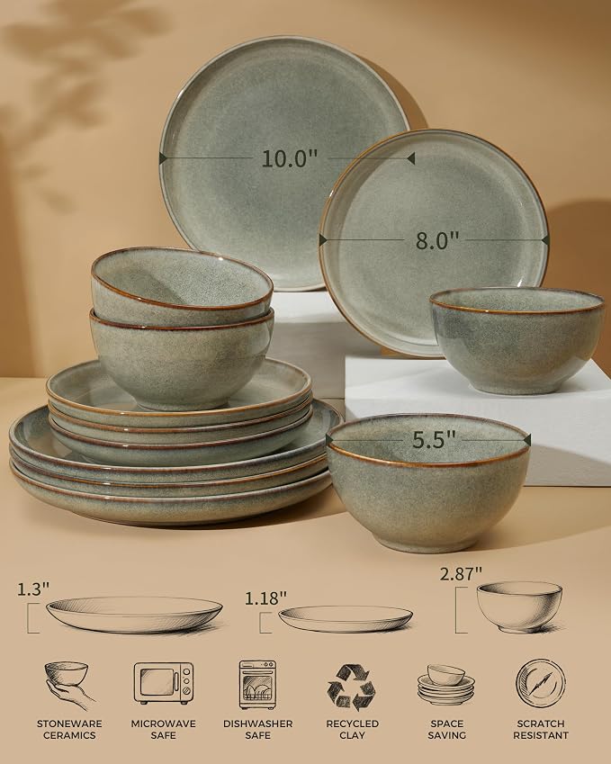 Stoneware Dinnerware Sets for 6, 18 Pieces Ceramic Plates and Bowls Sets - Image 2