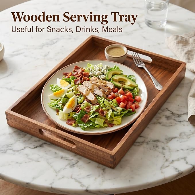 17 x 12 Inch Acacia Wood Serving Tray, Decorative Serving Platter - Image 7