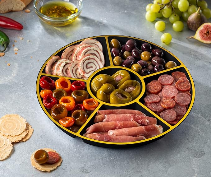 Plasticpro 6 Sectional Round Plastic Serving Tray/Platters Black & Gold Pack of - Image 4