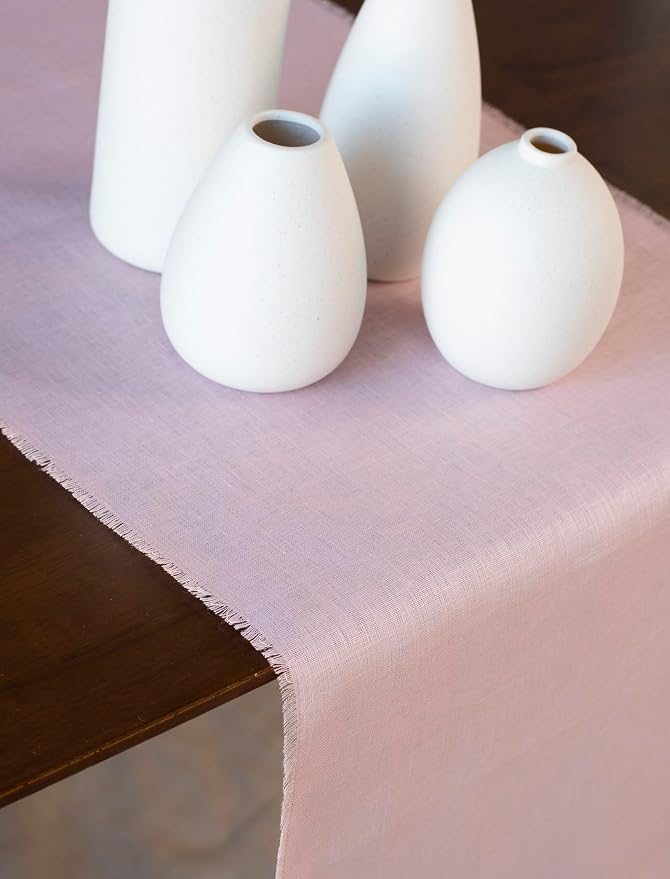 Pink Linen Table Runner with Fringe- 14x90 inches Long, 100% Pure Linen Runner - Image 2