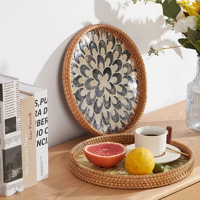 Round Rattan Tray with Mother of Pearl Inlay, Rattan Serving Tray with Wooden - Image 3