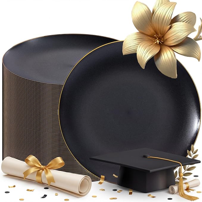 EI 80pcs Black and Gold Dinner Plates Disposable 10.25inch, Plastic Party by Ejonirinjonir