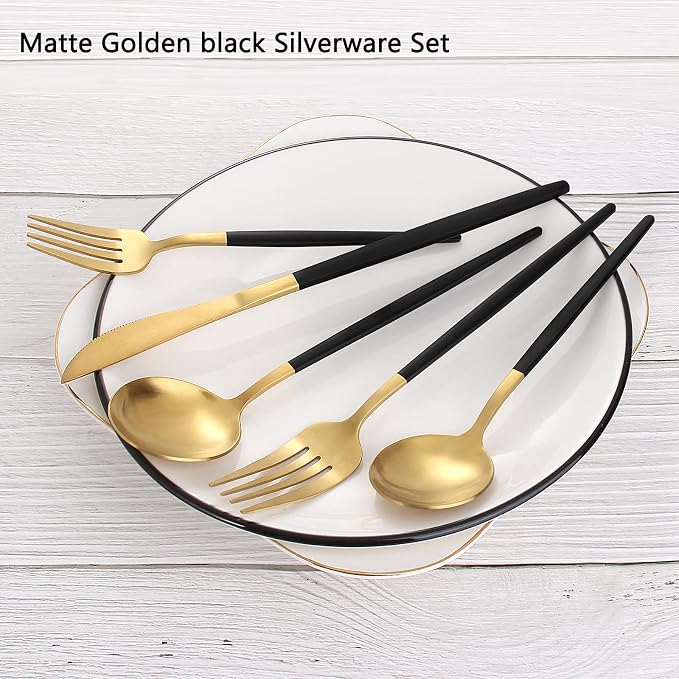 VANVRO Matte Black Gold Silverware Set, 20-Piece Stainless Steel Flatware Set - Image 3