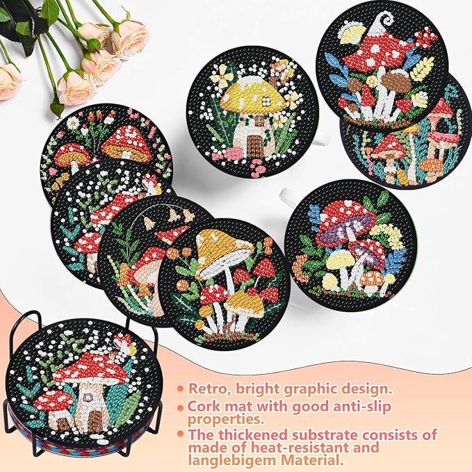 8 PCS Mushrooms Diamond Art Coasters Kits Cute Diamond Painting Coaster | - Image 4
