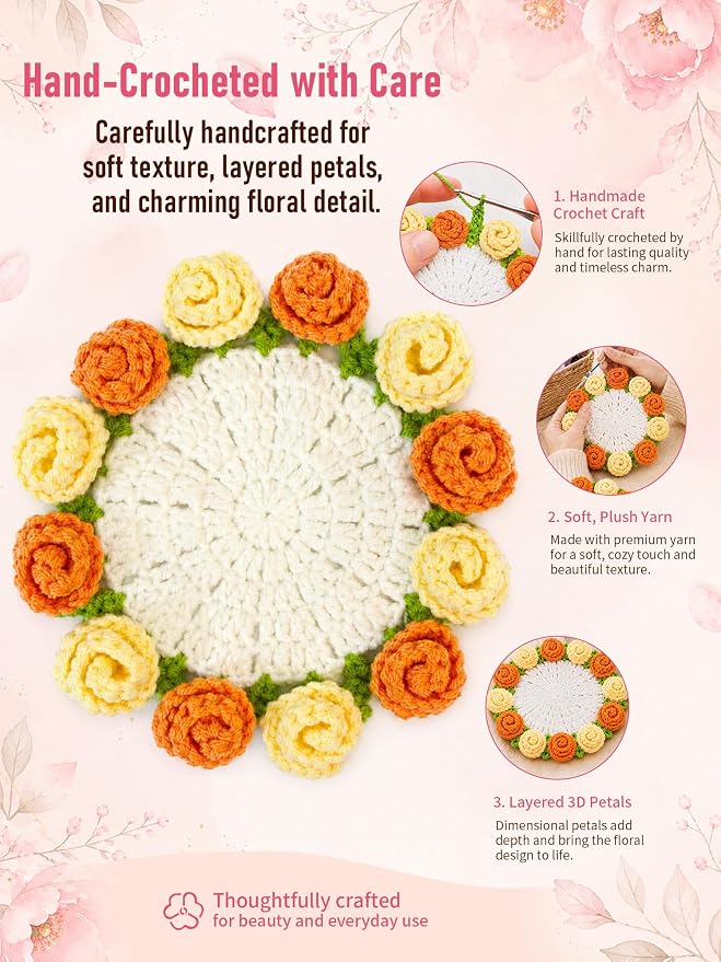 Crochet Flower Bouquet Coasters, Cotton Rose Gifts - Image 4