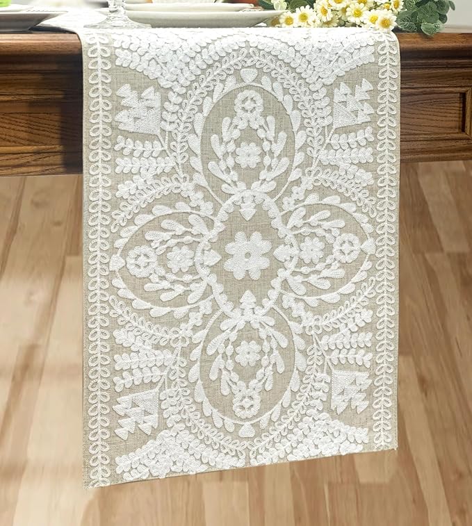 KEVA Boho Table Runner 91inches Long, Farmhouse Rustic Vintage White - Image 4