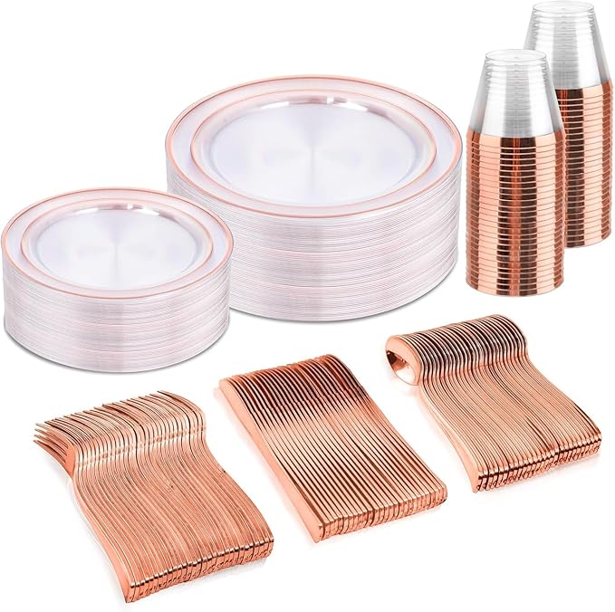 bUCLA 150PCS Clear Rose Gold Disposable Dinnerware set by BUCLA