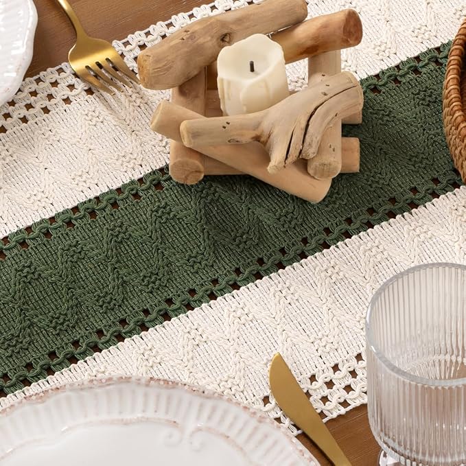 DeZerlor Ivory&Olive Green Boho Macrame Farmhouse Woven Table Runner 108In | - Image 7
