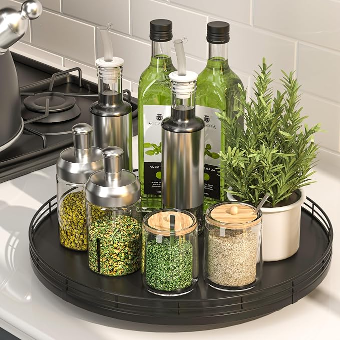Oroyutor 13-Inch Oak Lazy Susan Spice Organizer, toiletries and decor on by Oroyutor