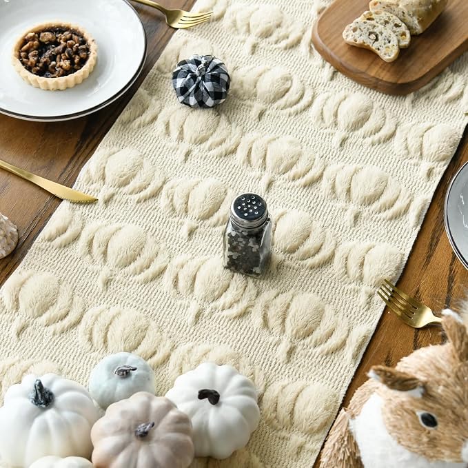 Artoid Mode Beige Soft Faux Fur Pumpkins Fall Table Runner 13x60 Inch | - Image 4