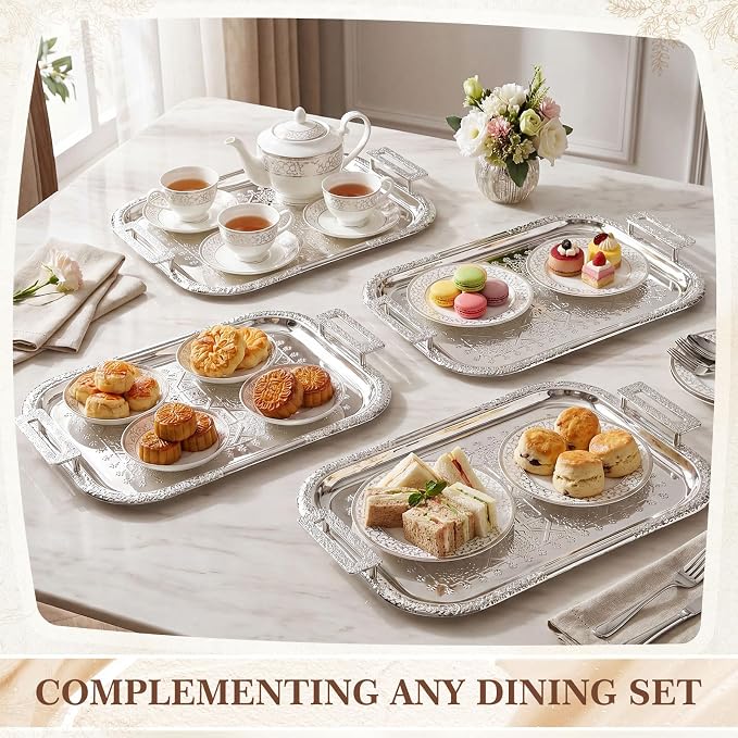 4 Pack Serving Tray with Handles 15.16 x 11.92 Inch Large Metal Plate Floral - Image 6