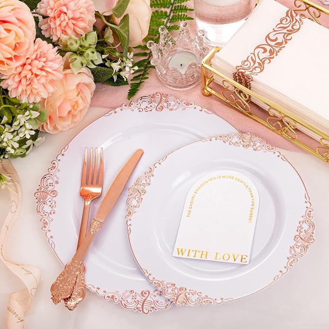 Morejoy 175PCS Rose Gold Plastic Plates & Disposable Dinnerware Sets | Inculdes - Image 6