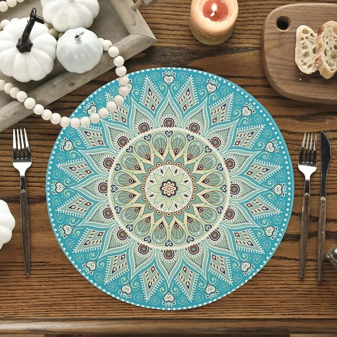 Artoid Mode Sky Blue Mandala Round Placemats Set of 4, 14 Inch Seasonal Spring - Image 2
