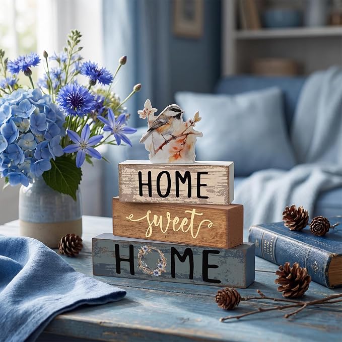 Cinnvoice 4 Pcs Spring Chickadee Wooden Block Decor Farmhouse Tiered Tray Signs - Image 2