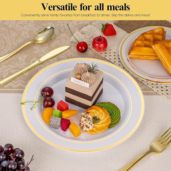 100 Pack 10.25 Inch Gold Rim Plastic Dinner Plates | Heavy Duty Disposable - Image 2