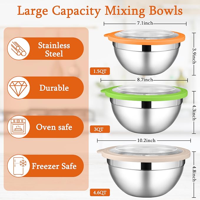 LIANYU Mixing Bowls with Lid Set of 3, Stainless Steel Metal Mixing Bowls | - Image 2