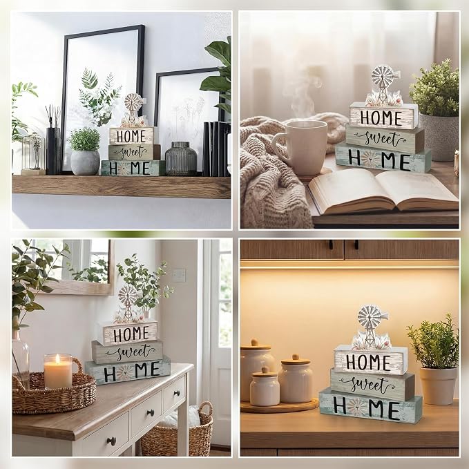 Cinnvoice 4 Pcs Summer Windmill Wooden Block Decor Farmhouse Tiered Tray Signs - Image 4