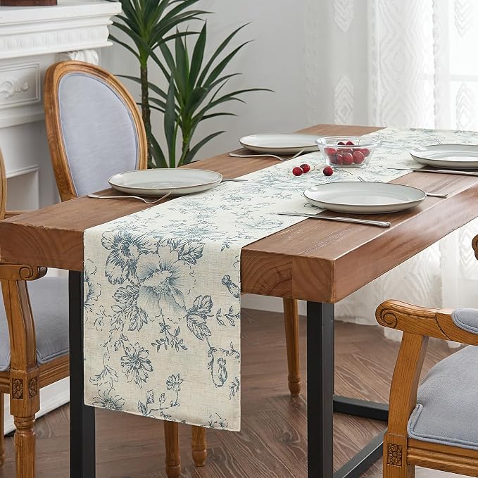 jinchan Blue Floral Linen Table Runner 13 x 72 Inch Rustic | Blooming floral - Image 2