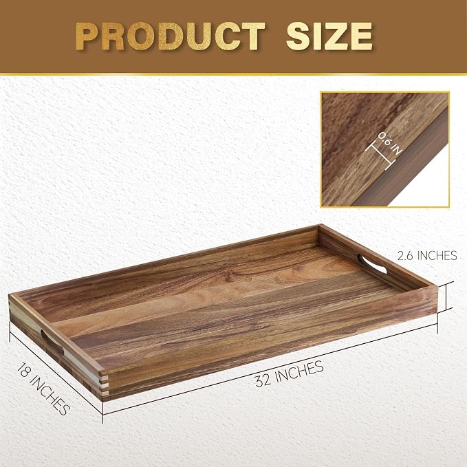 Extra Large Ottoman Tray, 32 x 18 inches Acacia Wood Serving Tray | Rectangle - Image 2