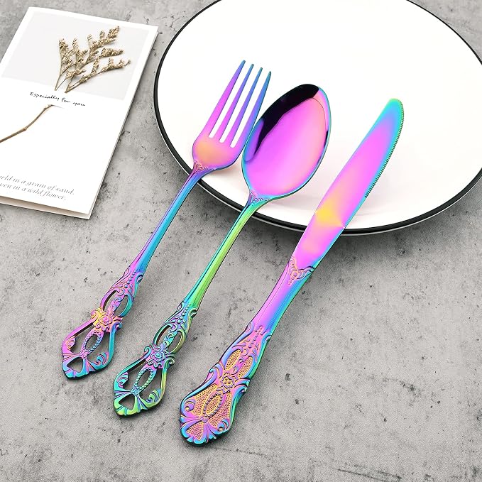 8-Piece Luxury Royal Silverware Set, 18/10 Stainless Steel Rainbow Flatware Set - Image 4