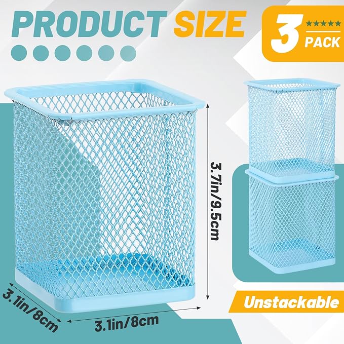 Segarty Pen Holder for Desk, 3 Pack Square Light Blue Pencil Holder, Wire Mesh - Image 2
