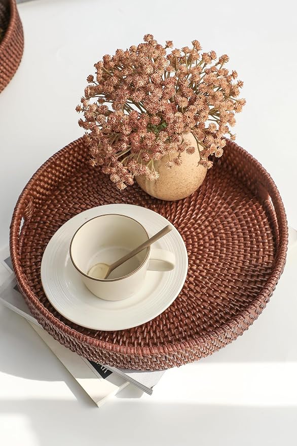 HITOMEN 11.8" Hand-Woven Round Rattan Serving Tray Decorative Wicker Trays - Image 4