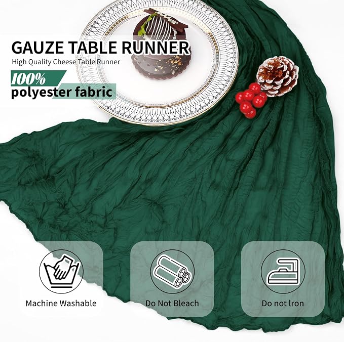 4 Pack Pack Dark Green Cheesecloth Table Runner 10Ft, Christmas Table Runner - Image 4