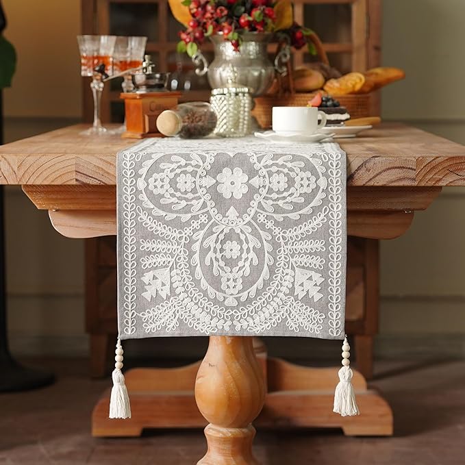 Table Runner Embroidered Lace Dresser Runner, 4 Tassel Pendants, Layered Accent - Image 2