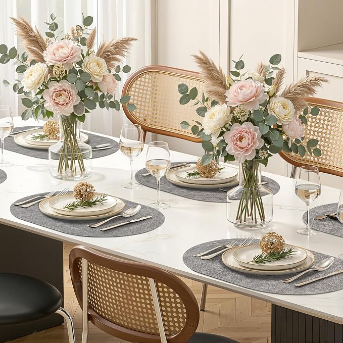 Placemats Set of 8, 11.8 x 17 Inch, Light Grey | Heat Resistant Oval Faux - Image 9
